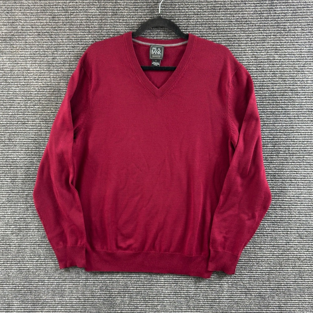 Jos A Bank V-Neck Sweater Large Burgandy 100% Merino Wool Traveler Pullover Red
